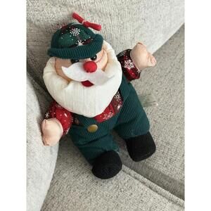 Vintage Santa Claus Plush Doll – Plaid Shirt & Green Corduroy Overalls